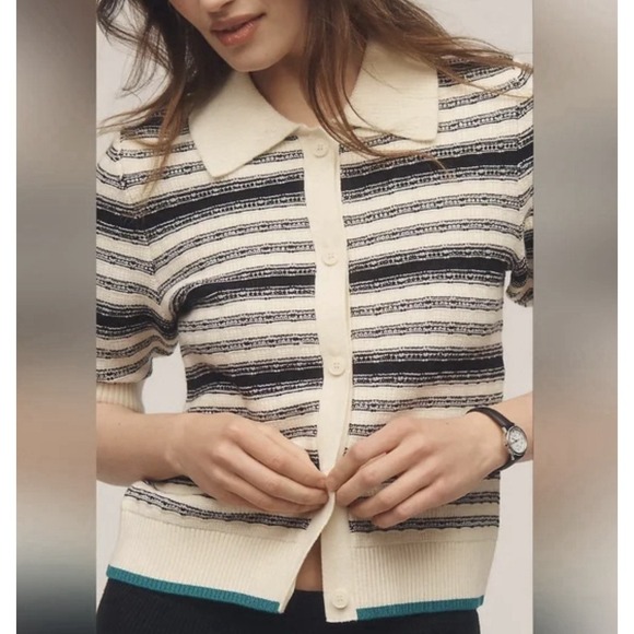 Anthropologie Sweaters - Maeve THE Kinsley Collared Cropped Cardigan Sweater Teal White Size Small NWOT